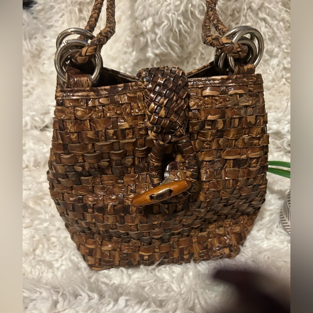 50%offw❤️ 80s Vintage Brown Leather Braided Woven Bucket Bag was $60
